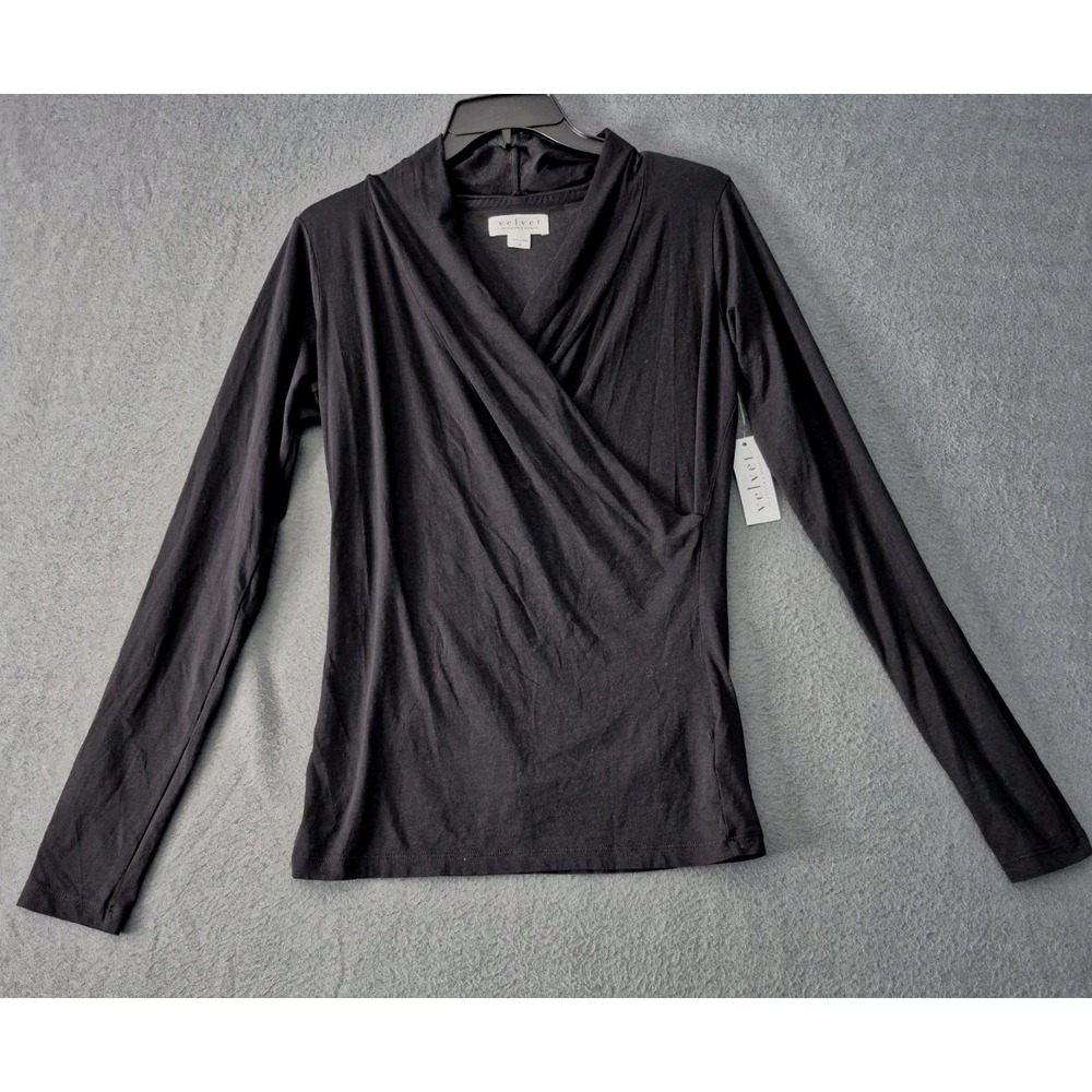 NWT Velvet By Graham & Spencer Women Top Sz S Black Faux Wrap V Neck Casual